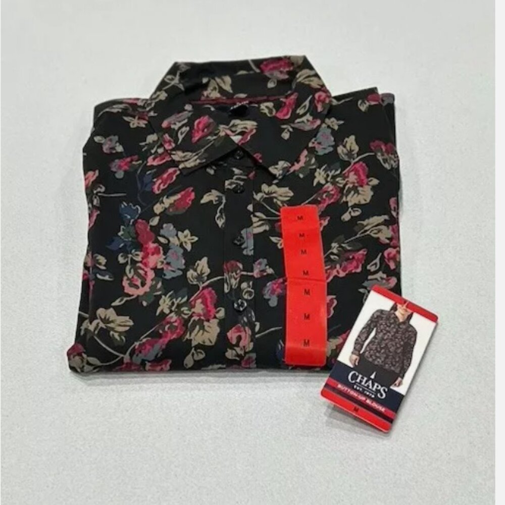 Chaps Women's Button-Up Floral Blouse, Black Size M - Picture 1 of 4